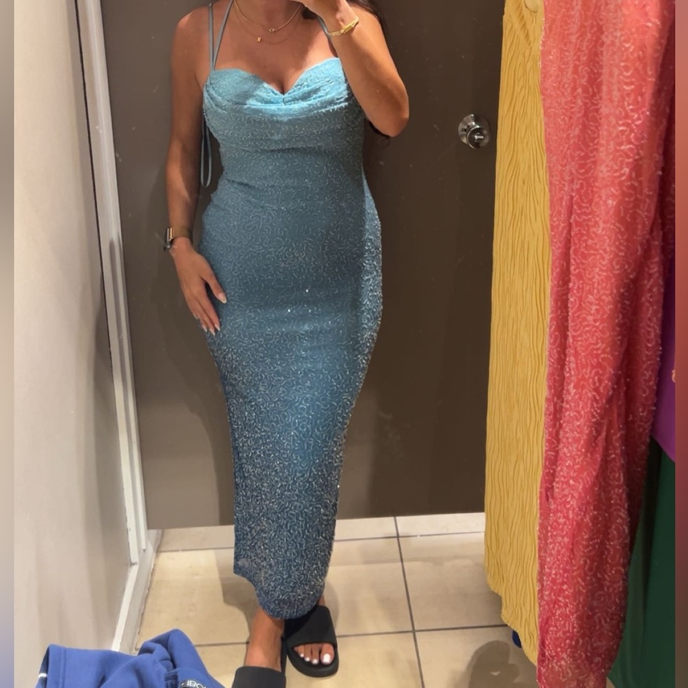 Blue Bodycon Midi Dress with Spaghetti Straps